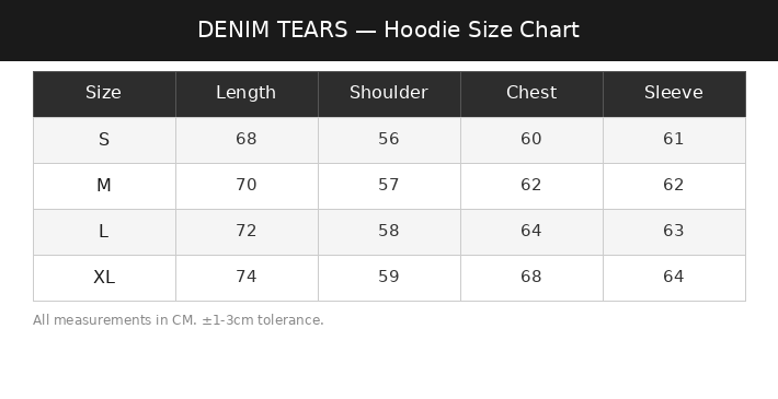 Denim Tears Hoodie Size Chart for DopDrip products