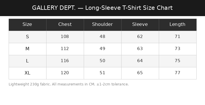 Gallery Dept Long-Sleeve Size Chart for DopDrip products