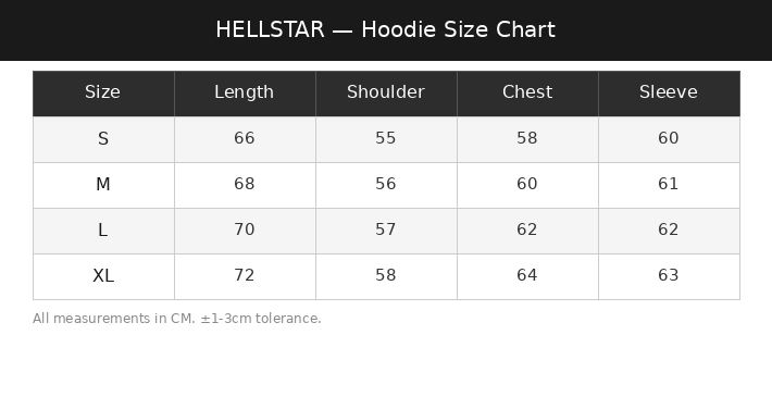 Hellstar Hoodie Size Chart for DopDrip products