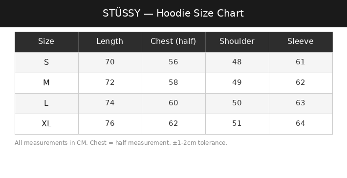 Stussy Hoodie Size Chart for DopDrip products